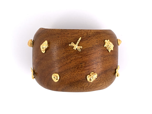 73367 - SOLD - Gold Ebony Wood Dragonfly Turtle Seashell Bangle Bracelet