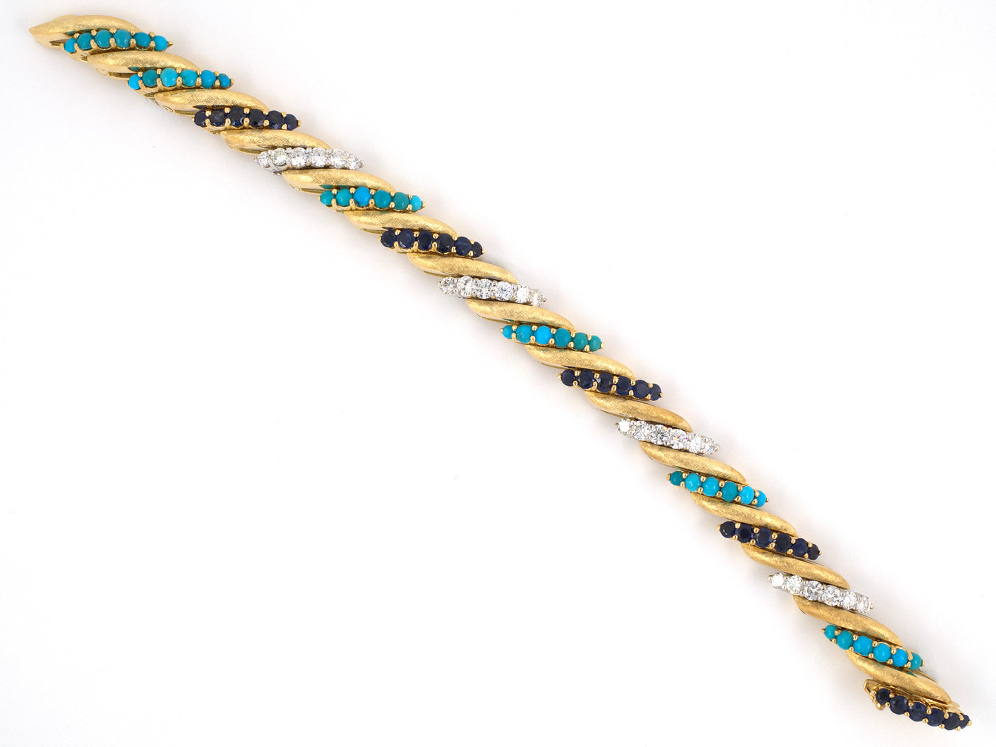 73382 - SOLD - Gold Diamond Turquoise & Sapphire Barber Pole Bracelet