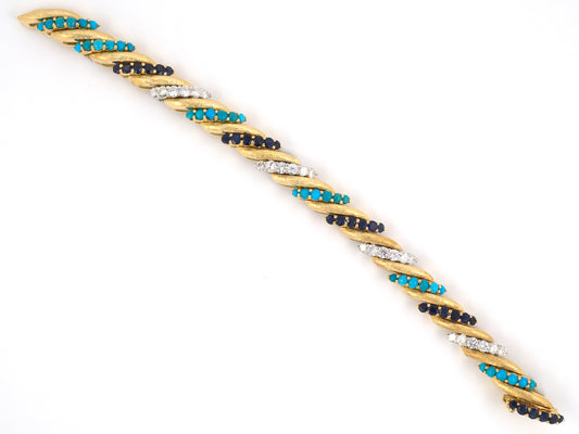 73382 - SOLD - Gold Diamond Turquoise & Sapphire Barber Pole Bracelet