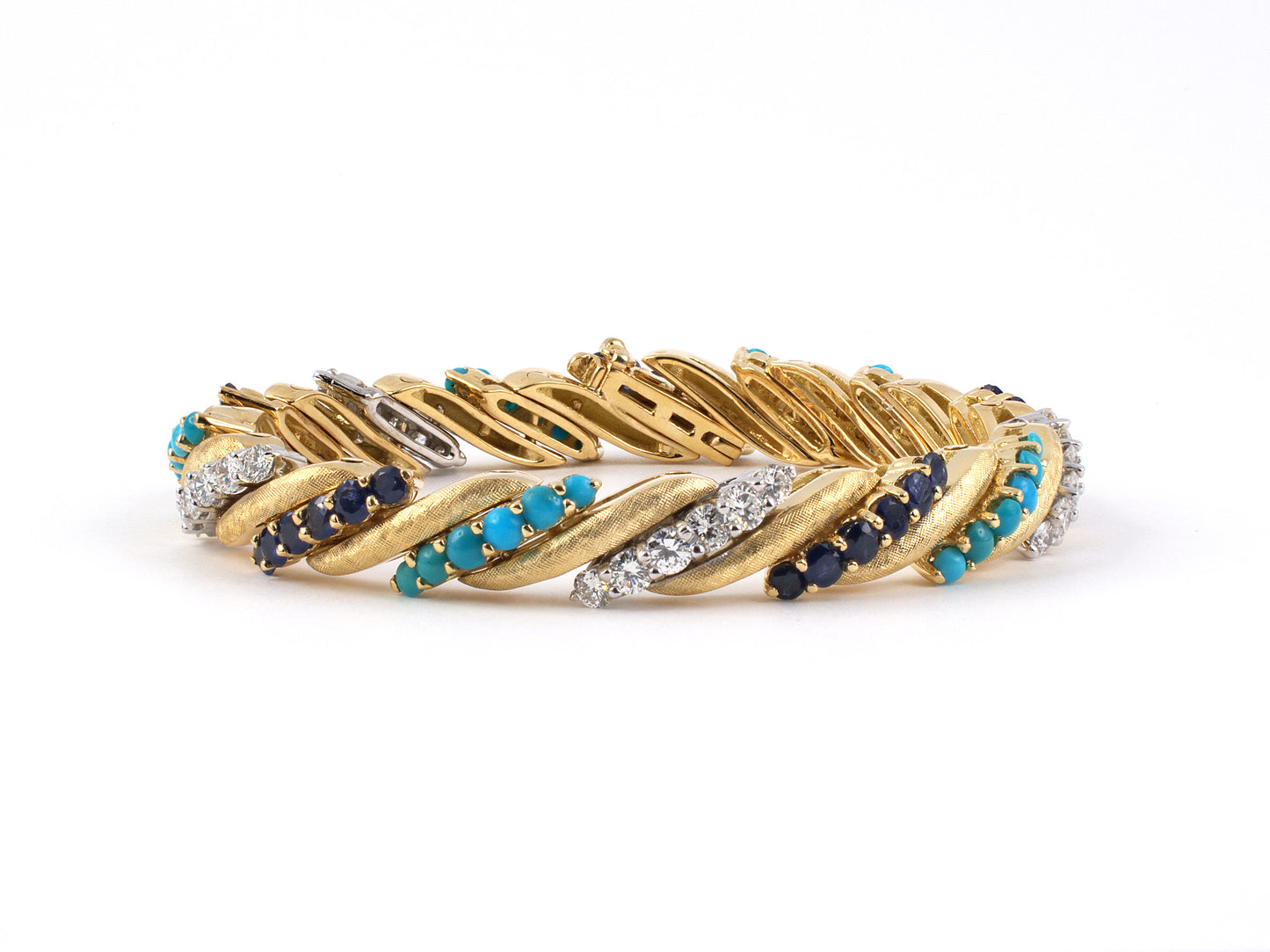 73382 - SOLD - Gold Diamond Turquoise & Sapphire Barber Pole Bracelet