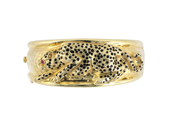 73606 - Gold Ruby Black Enamel Sabi Leopard Hammered Bangle Bracelet