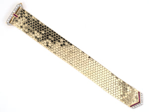 73631 - SOLD - Retro Gold Palladium Diamond Ruby Brick Pattern Buckle Bracelet