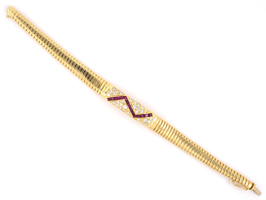 73649 - SOLD - Cartier Circa 1950 Gold Ruby Diamond Gooseneck Bracelet