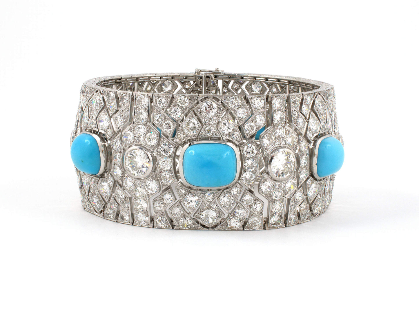 73686 - Art Deco Dante Raiser French Platinum Turquoise Diamond 7 Section Bracelet