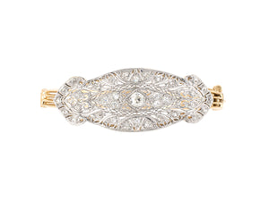 73694 - SOLD - Art Deco Platinum Gold Diamond Center Hinged Bangle Bracelet