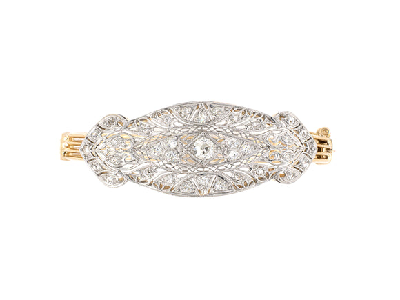 73694 - SOLD - Art Deco Platinum Gold Diamond Center Hinged Bangle Bracelet