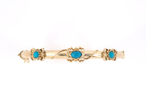 73708 - SOLD - Gold Cabochon Turquoise Scroll Design Ornament Hollow Hinged Bangle Bracelet