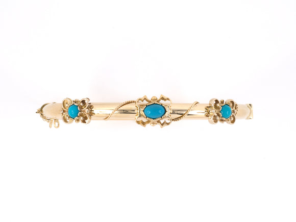 73708 - SOLD - Gold Cabochon Turquoise Scroll Design Ornament Hollow Hinged Bangle Bracelet