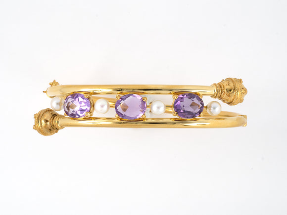 73733 - SOLD - Circa 1950 Gold Amethyst Pearl Beaded Ball Ends By Pass Bangle Bracelet