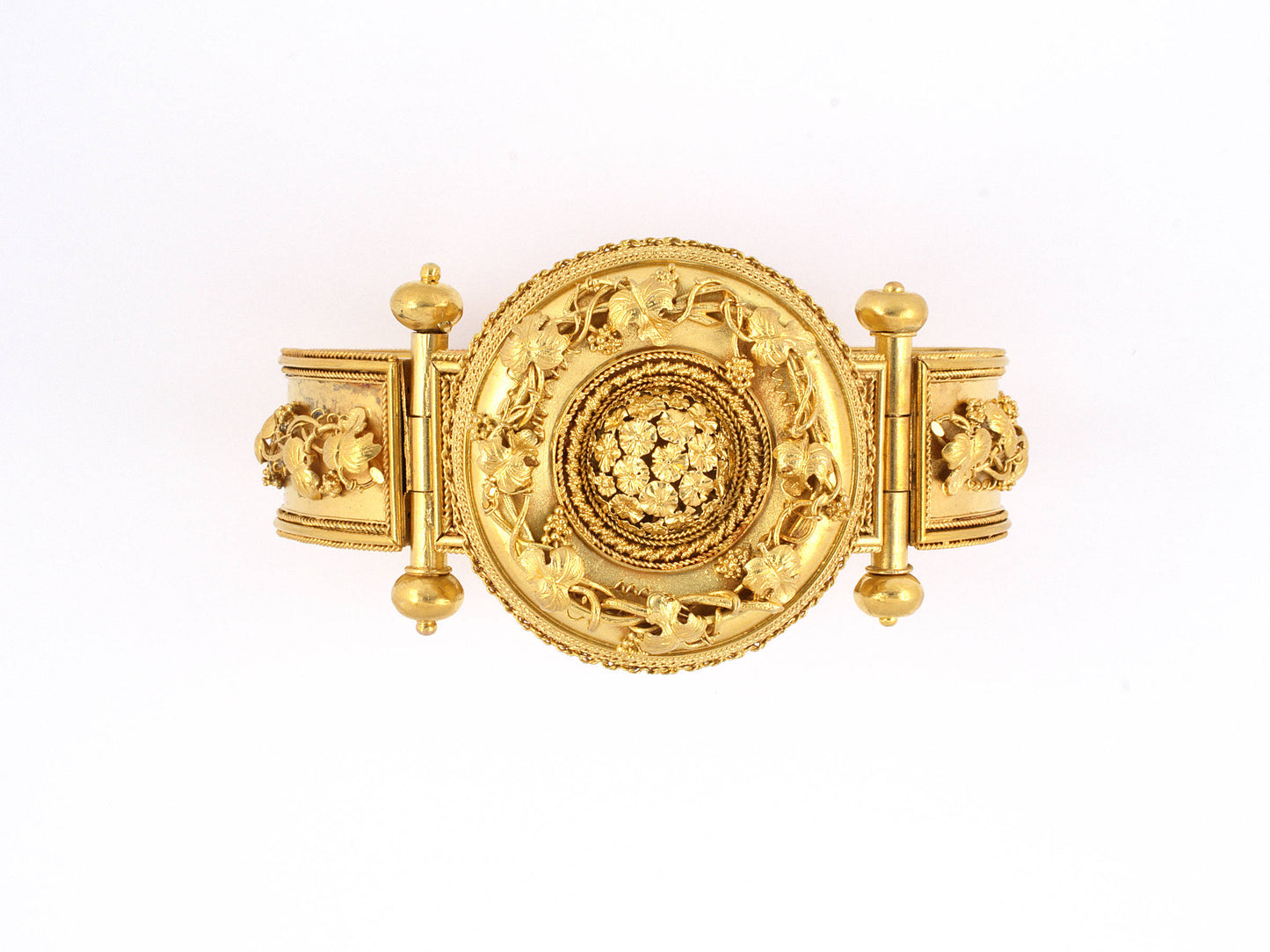 73806 - Victorian Etruscan Revival Gold Tiered Removable Locket Center Ornament Hinged Bracelet