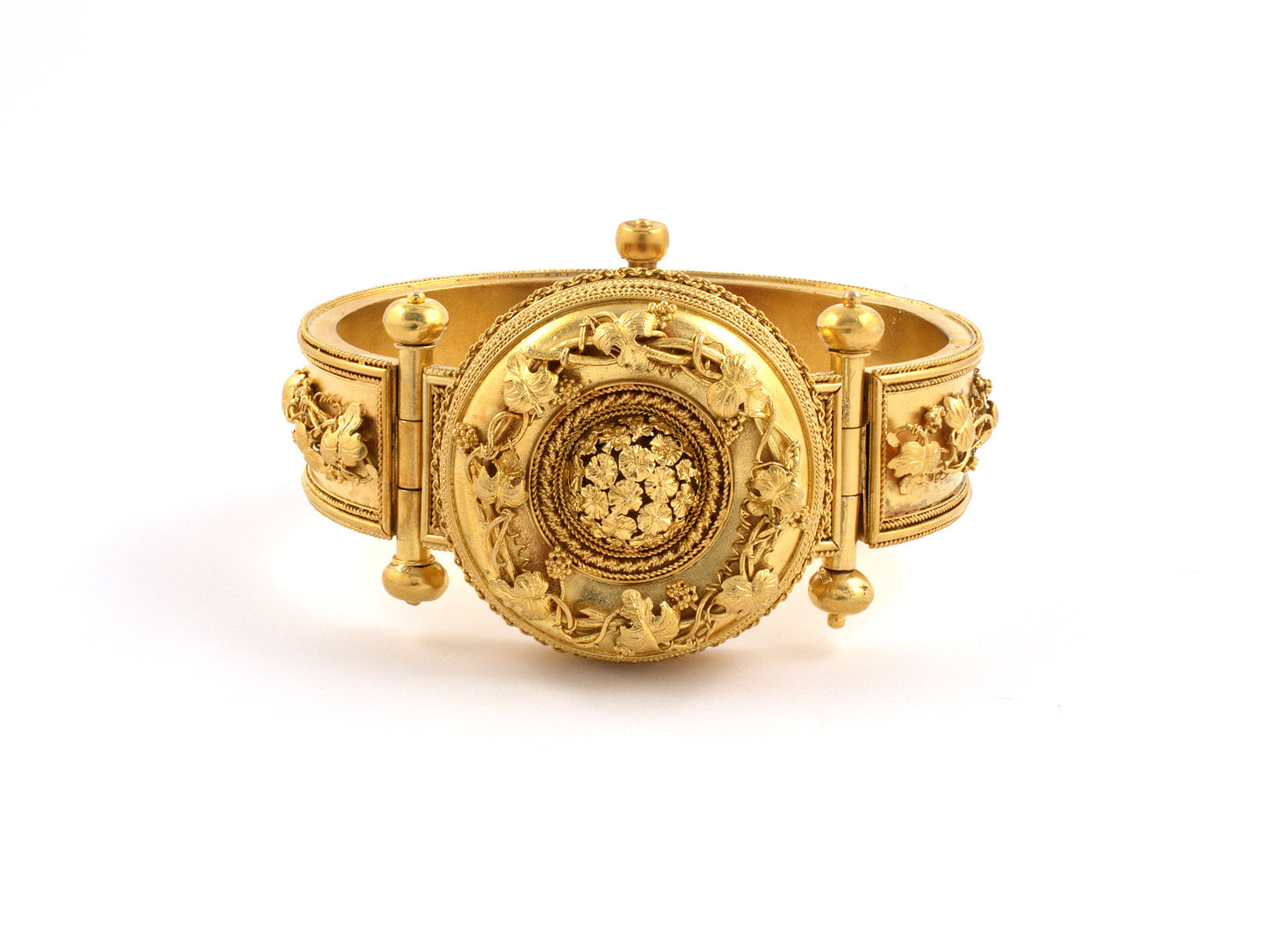 73806 - Victorian Etruscan Revival Gold Tiered Removable Locket Center Ornament Hinged Bracelet