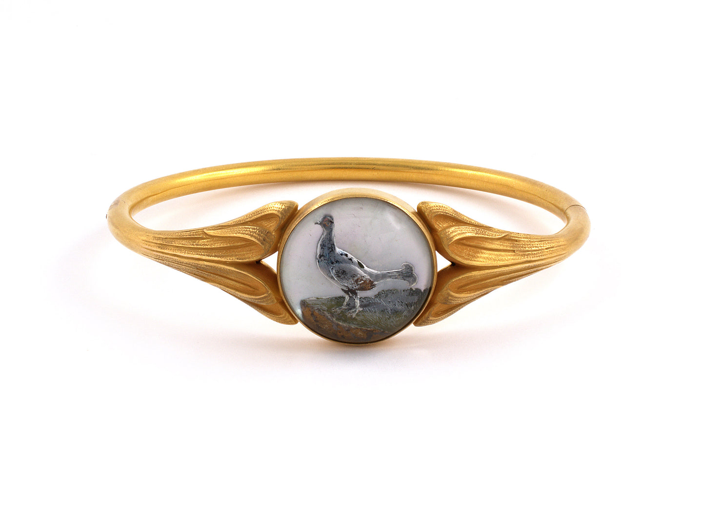 73815                - Art Nouveau English Gold Crystal Bird Bangle Bracelet