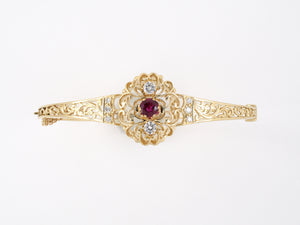 73828 - SOLD - Gold Siam Ruby Diamond Domed Center Hinged Bangle Bracelet