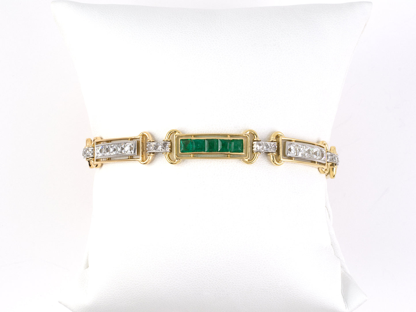 73830 - Circa 1930 Gold Platinum Diamond Emerald Bracelet