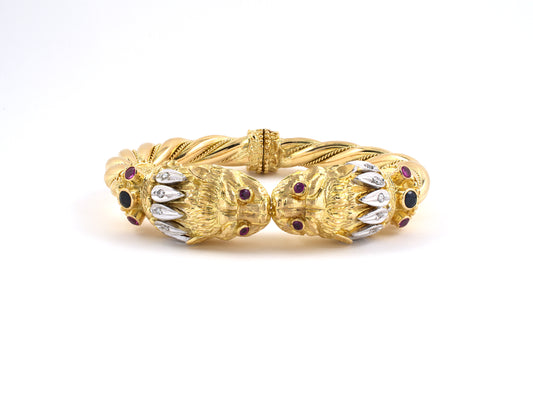 73835 - SOLD - Lalaounis Greece Gold Diamond Ruby Sapphire Twin Headed Lions Bangle Bracelet
