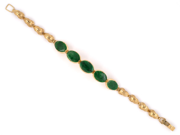 73842 - SOLD - Gold Jadeite Carved Textured Links 5 Stone Bracelet