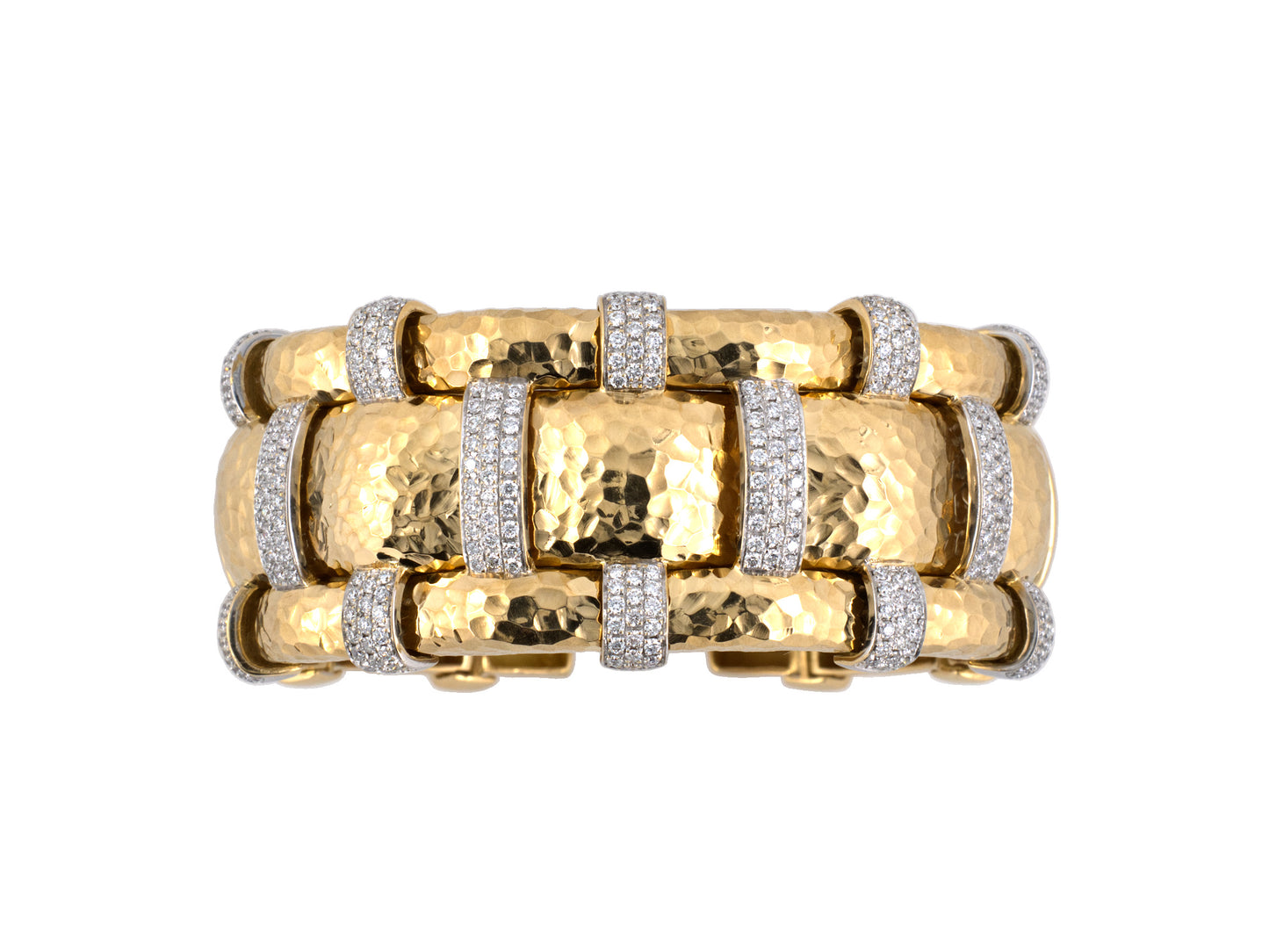 73861 - SOLD - Gold Diamond Italian Hammered Faceted Link Open Bangle Bracelet