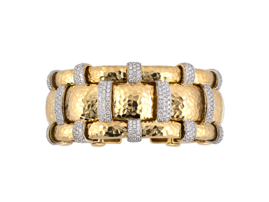 73861 - SOLD - Gold Diamond Italian Hammered Faceted Link Open Bangle Bracelet