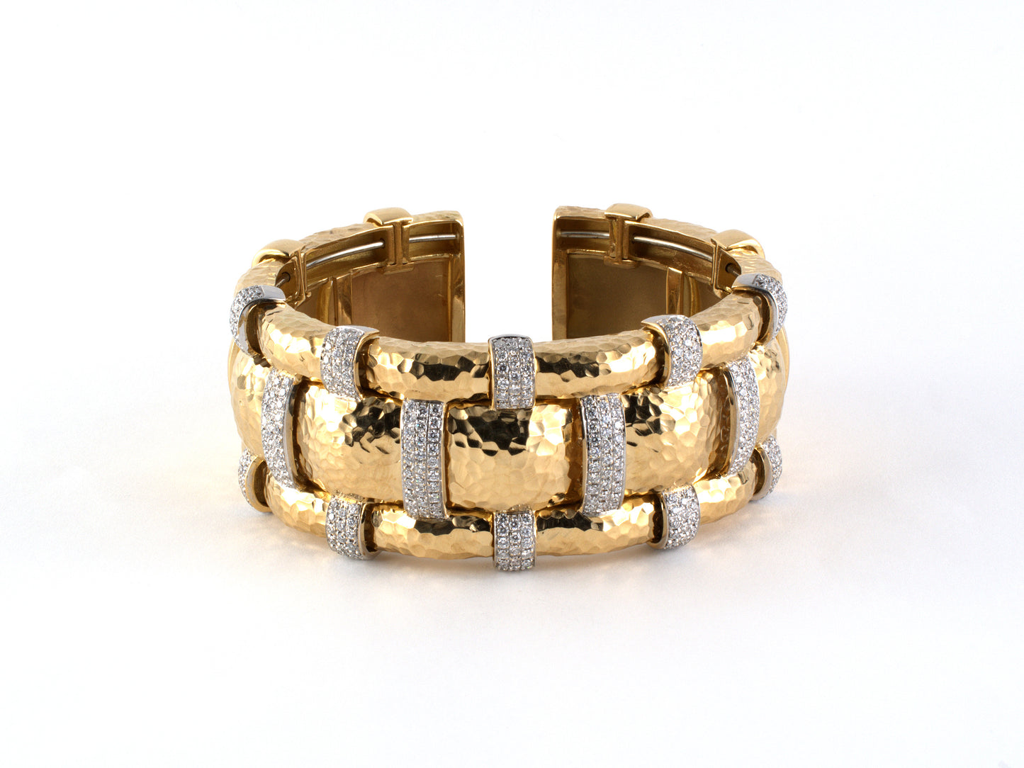 73861 - SOLD - Gold Diamond Italian Hammered Faceted Link Open Bangle Bracelet
