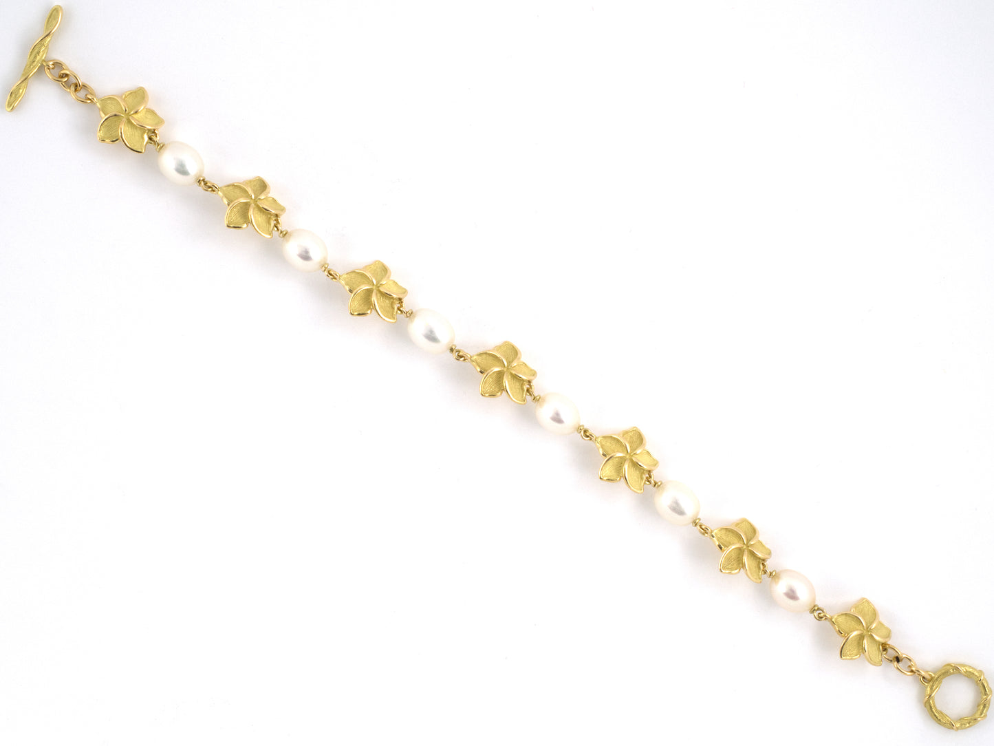 73886 - SOLD - Gold Pearl Tiffany Plumeria Flower Bracelet