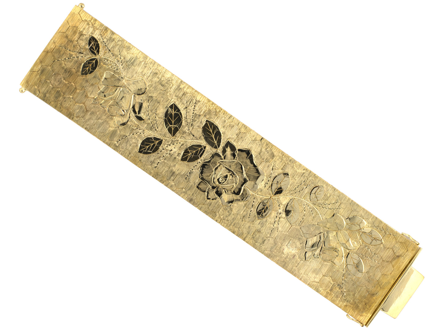 73890 - SOLD - Circa 1950s Gold Floral Rose Hexagonal Link Bracelet
