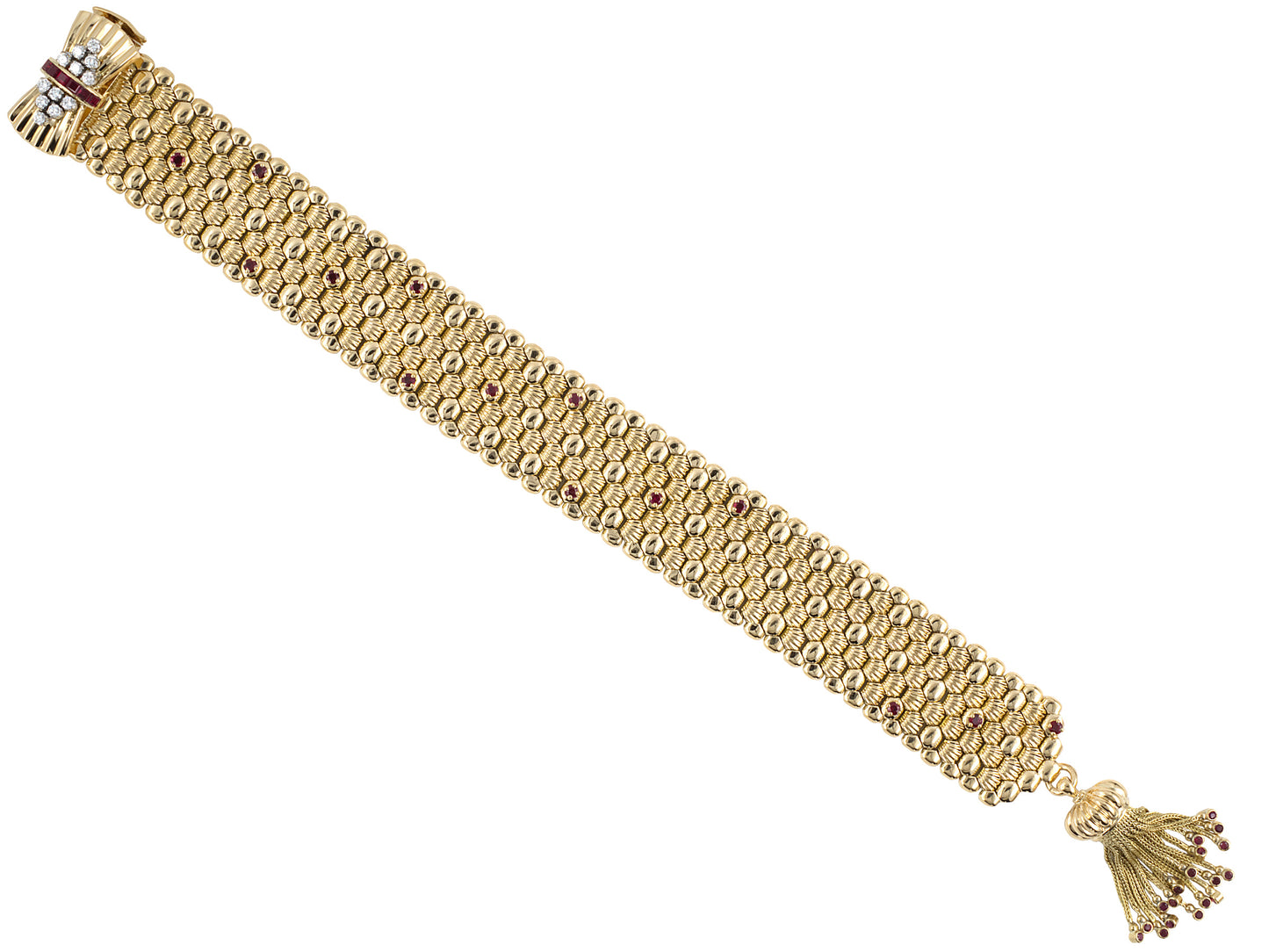 73894 - Retro Gold Palladium Diamond Ruby Link Adjustable Length Buckle Bracelet w/ Bow Clasp & Tassel