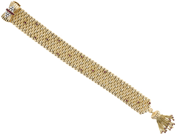 73894 - Retro Gold Palladium Diamond Ruby Link Adjustable Length Buckle Bracelet w/ Bow Clasp & Tassel