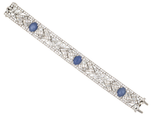 73902 - SOLD - Art Deco Platinum Star Sapphire Diamond Floral Ribbon Bracelet
