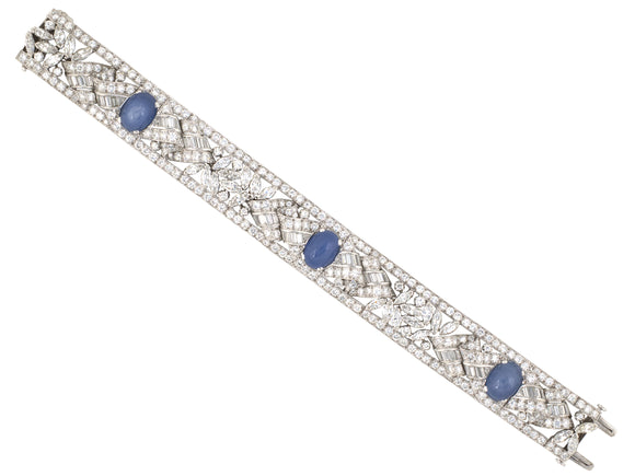 73902 - Art Deco Platinum Star Sapphire Diamond Floral Ribbon Bracelet