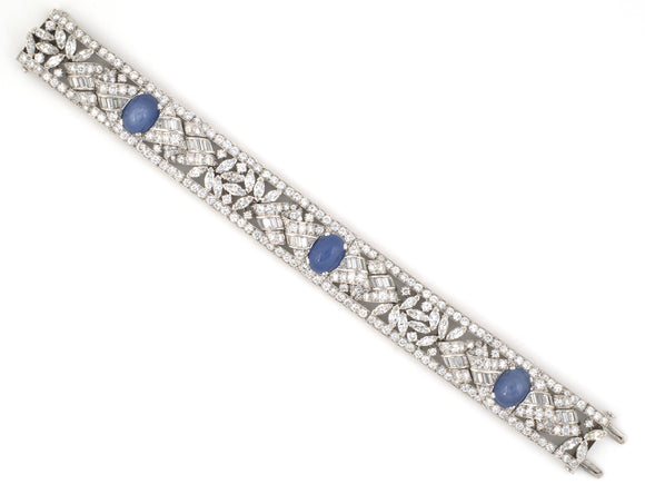 73902 - Art Deco Platinum Star Sapphire Diamond Floral Ribbon Bracelet