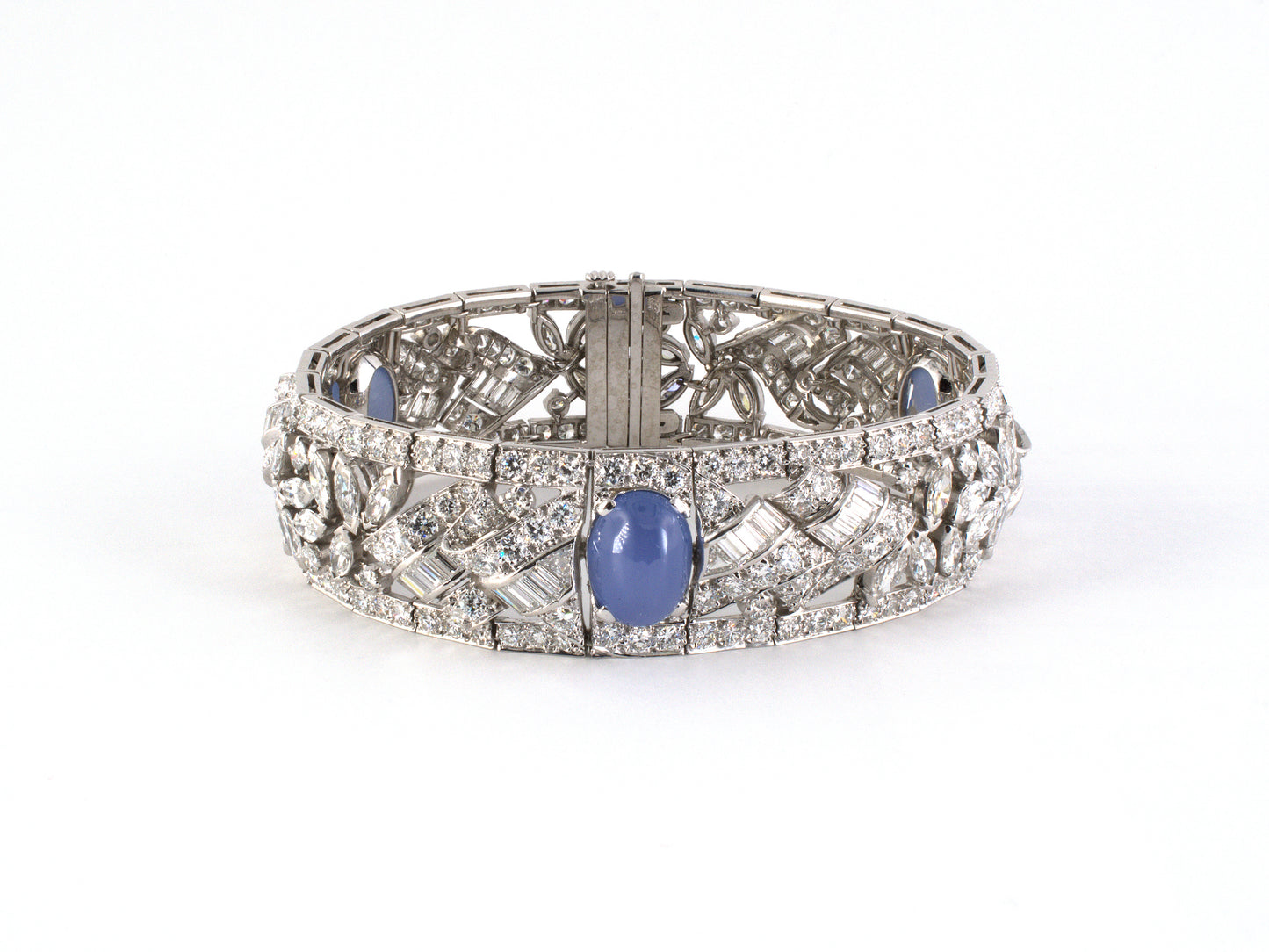73902 - SOLD - Art Deco Platinum Star Sapphire Diamond Floral Ribbon Bracelet