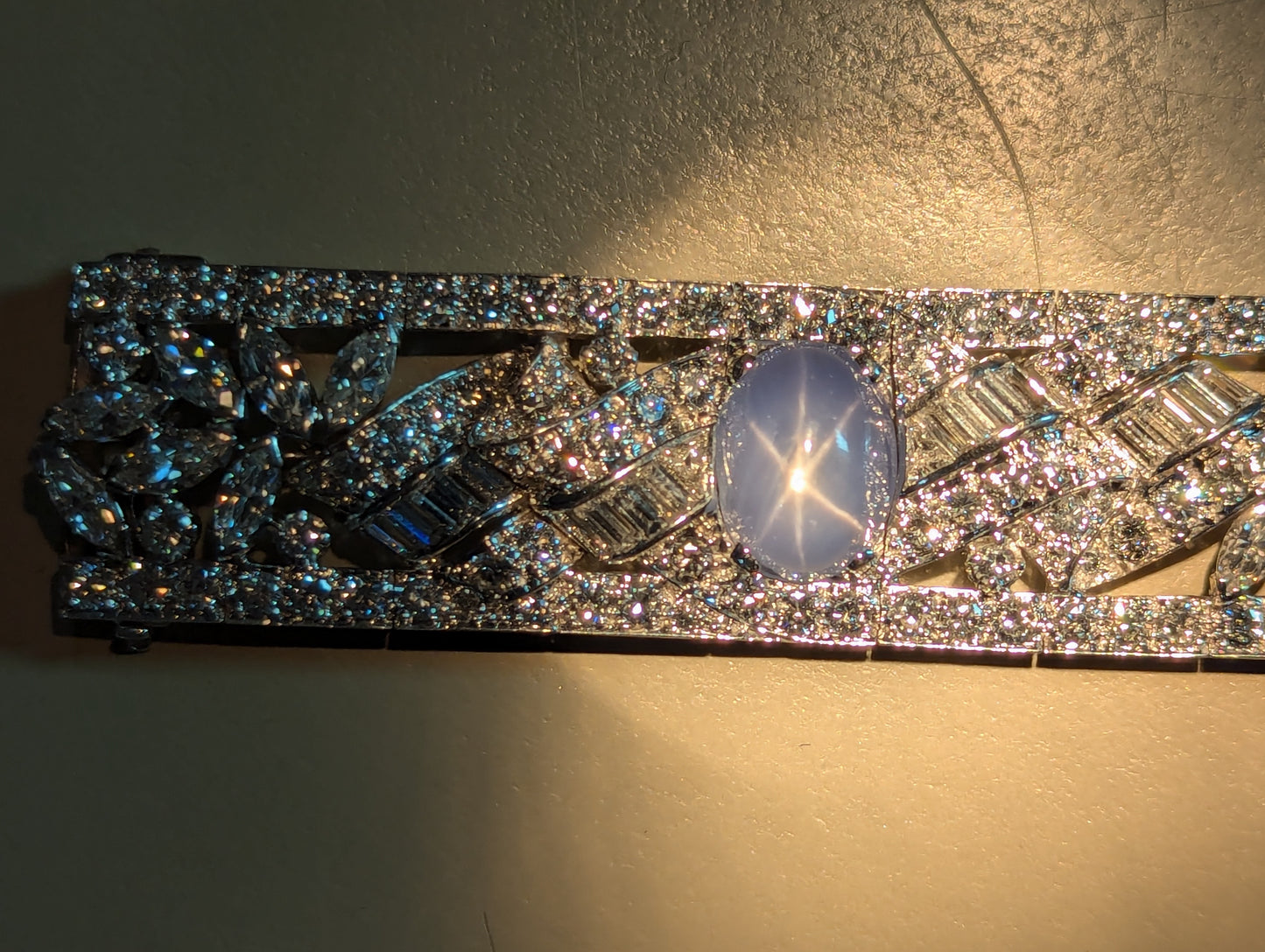 73902 - SOLD - Art Deco Platinum Star Sapphire Diamond Floral Ribbon Bracelet