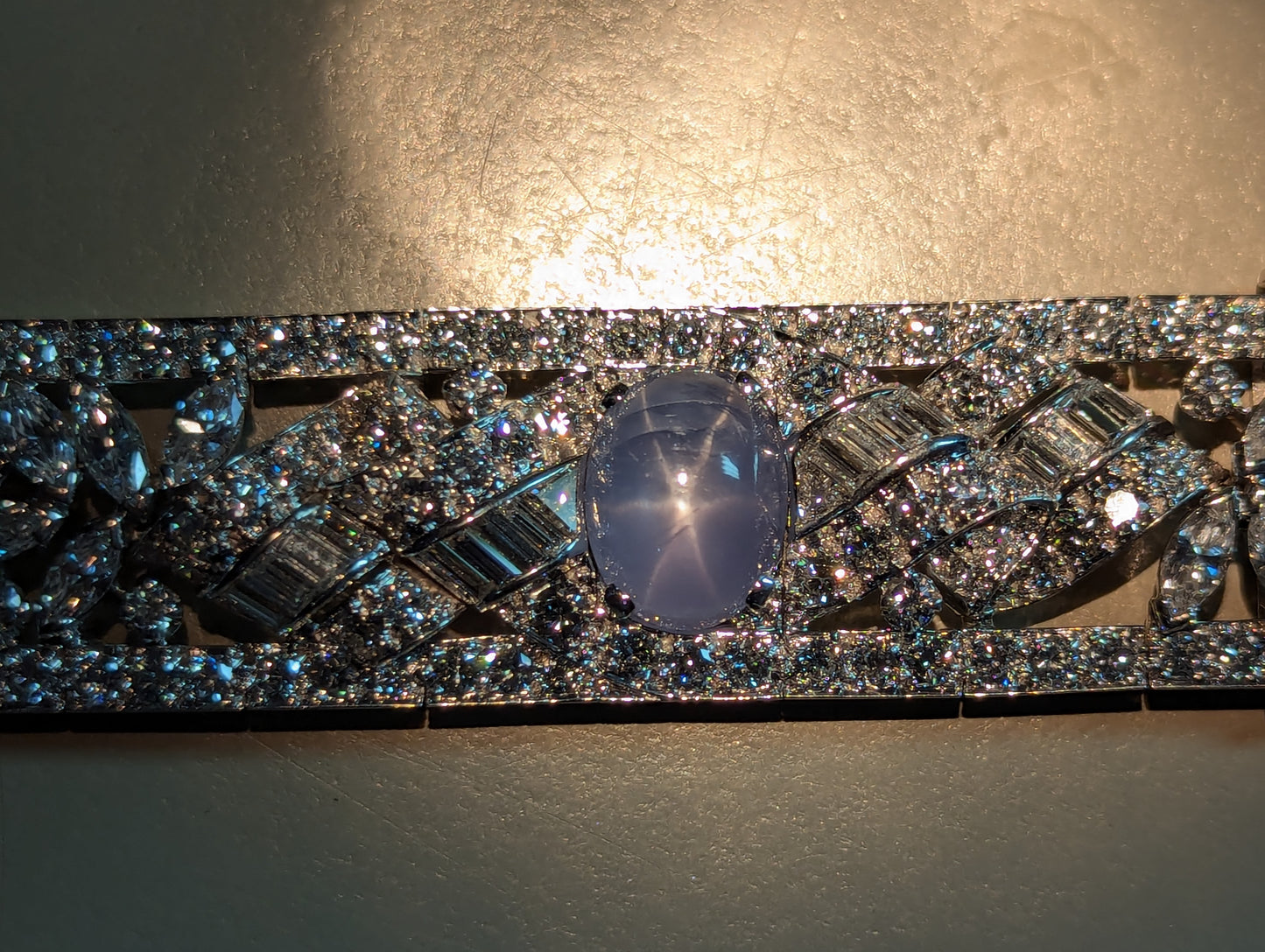 73902 - SOLD - Art Deco Platinum Star Sapphire Diamond Floral Ribbon Bracelet