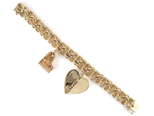 73922 - Circa 1945 Gold Pearl Diamond Emerald Ruby Amethyst Sapphire Topaz Spiral Curb Link 2-Charm (Piano & Heart) "DEAREST" Acrostic Bracelet