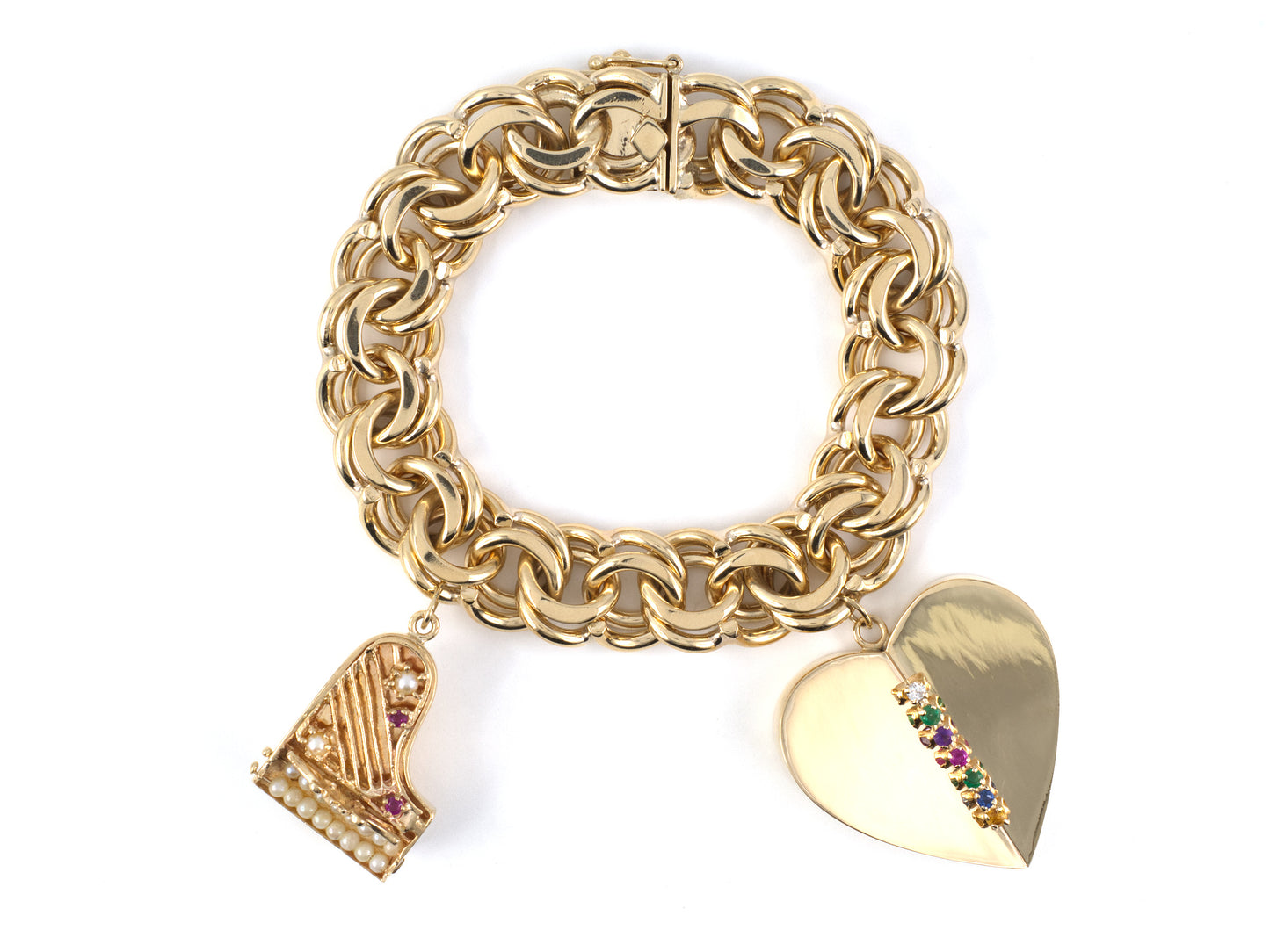 73922 - Circa 1945 Gold Pearl Diamond Emerald Ruby Amethyst Sapphire Topaz Spiral Curb Link 2-Charm (Piano & Heart) "DEAREST" Acrostic Bracelet