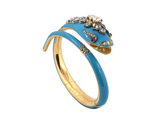 73923 - Victorian Circa 1857 Gold Silver Diamond Ruby Blue Enamel Snake Hinged Bangle Bracelet