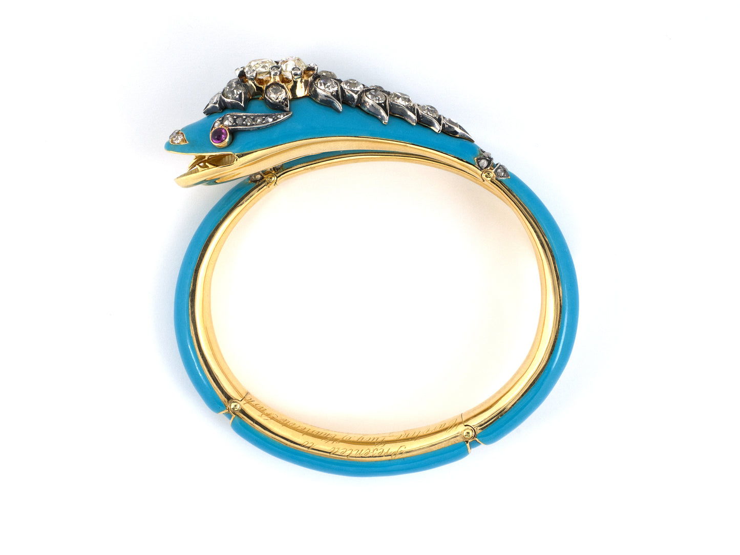73923 - Victorian Circa 1857 Gold Silver Diamond Ruby Blue Enamel Snake Hinged Bangle Bracelet