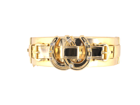 73932 - Victorian Gold Diamond Horseshoe Buckle Motif Hinged Bangle Bracelet