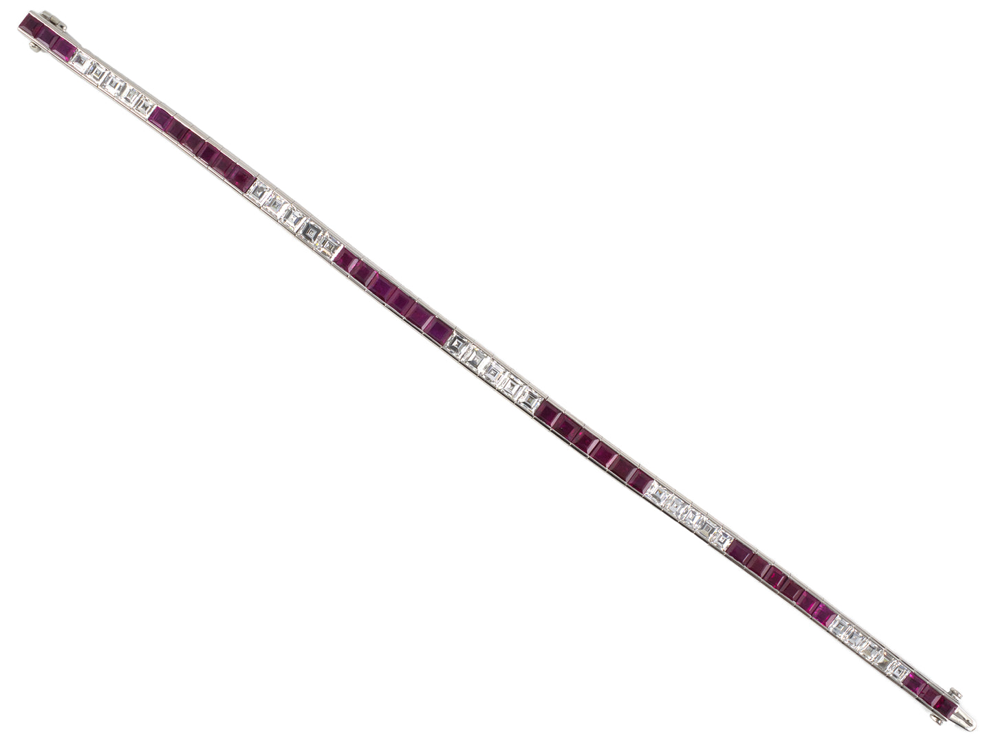 73933 - Circa 1950 Waslikoff Platinum Diamond Ruby Tapered Straight Line Bracelet