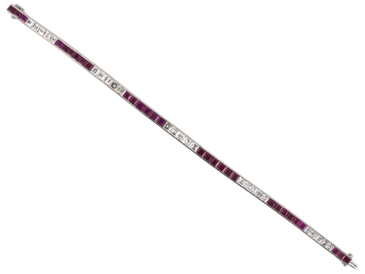 73933 - Circa 1950 Waslikoff Platinum Diamond Ruby Tapered Straight Line Bracelet