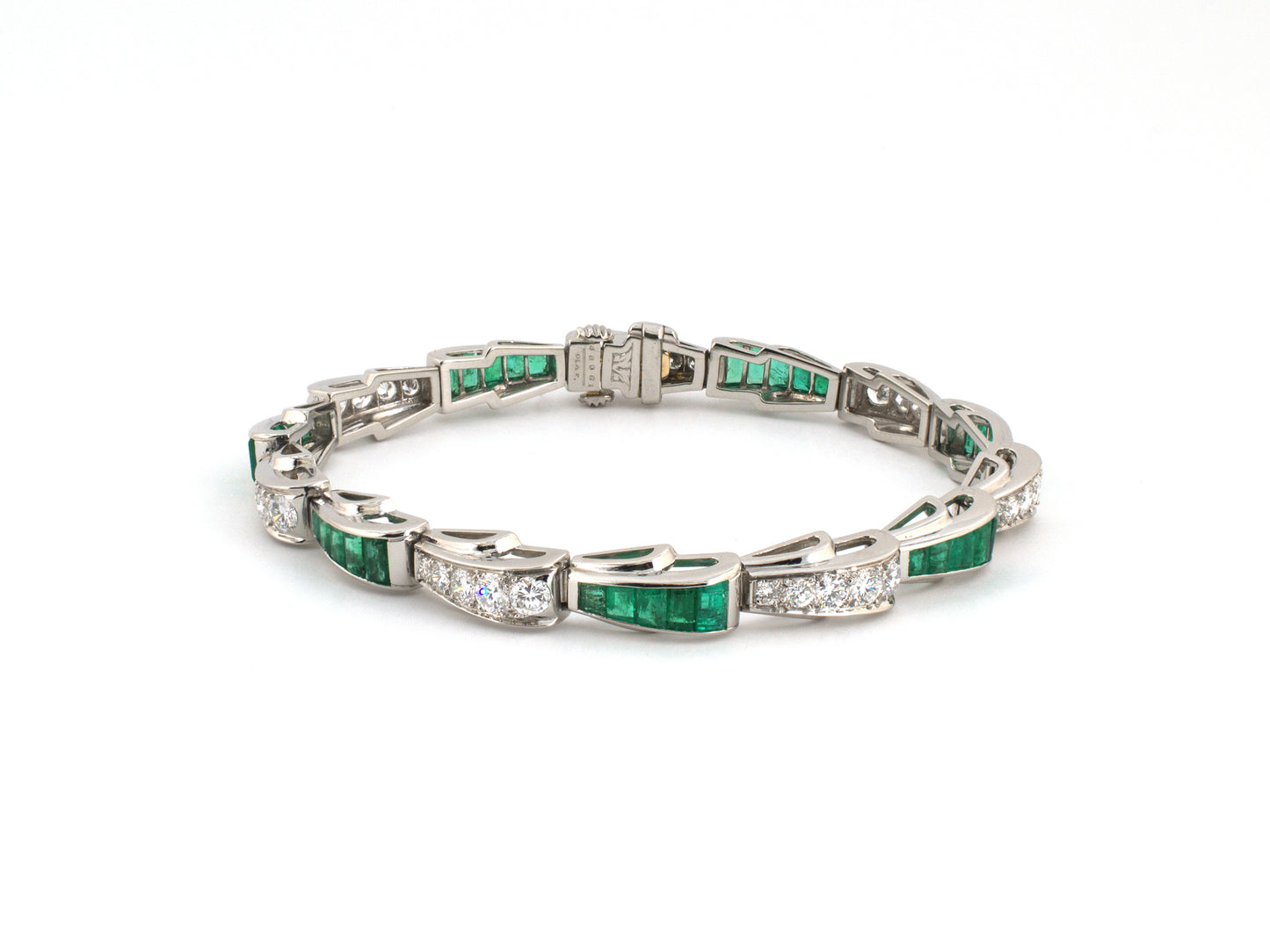 73948 - Circa 1950 Oscar Heyman Platinum Diamond Emerald Wave Bracelet