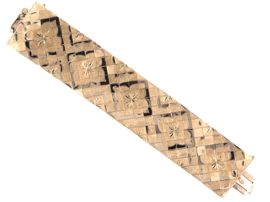 73950 - Circa 1950 Gold Florentine Carved Starburst Wide Bracelet