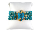 73955 - Circa 1970 Gold Bead Turquoise Rondel Floral Leaf 5-Strand Bracelet