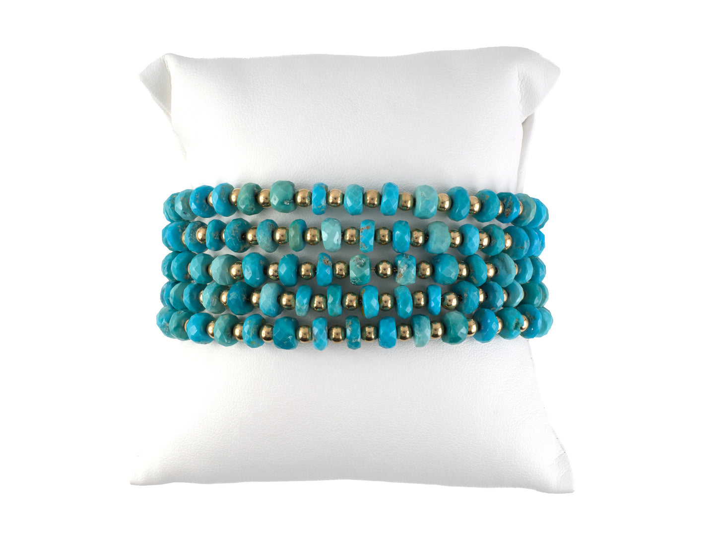 73955 - Circa 1970 Gold Bead Turquoise Rondel Floral Leaf 5-Strand Bracelet