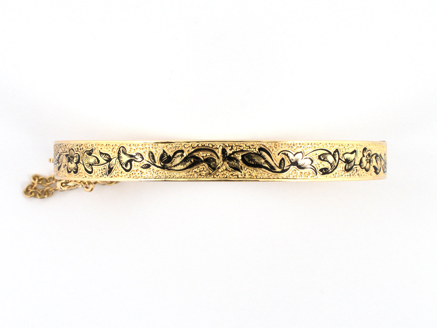 73967 - Circa 1869 Victorian Gold Black Enamel Carved Floral Hinged Baby Bangle Bracelet