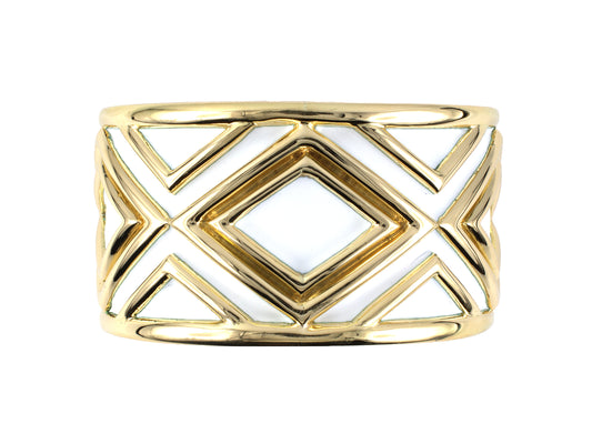 73974 - Circa 1999 Webb Gold White Enamel Geometric Pattern Bangle Cuff Bracelet