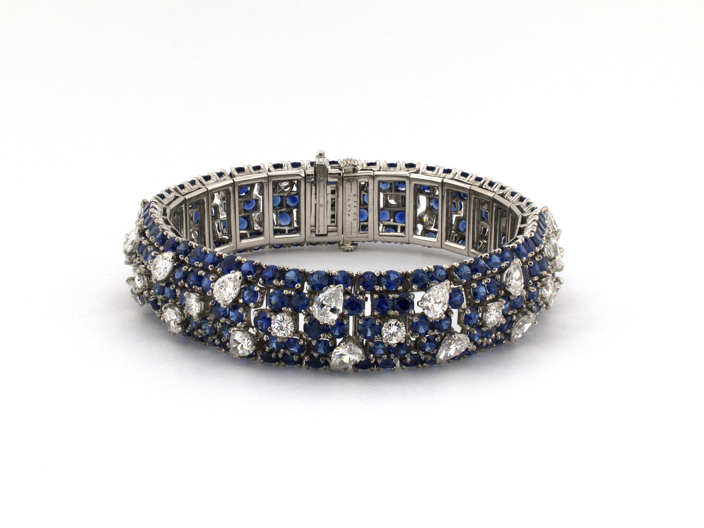 73978 - Circa 1964 Oscar Heyman Platinum Diamond Sapphire 5-Row Convex Domed Diagonal Striped Bracelet