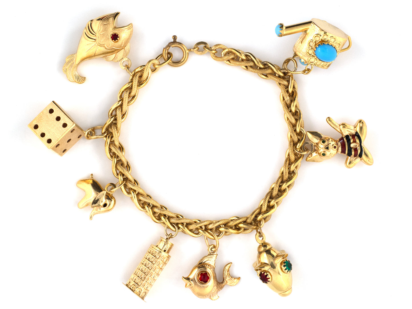 73980 - SOLD - Italy Gold Enamel Woven Chain Link Charm Bracelet