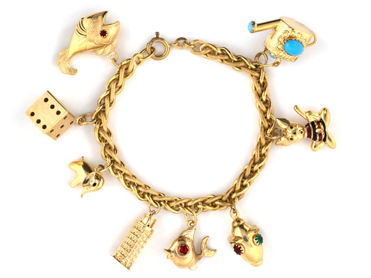 73980 - SOLD - Italy Gold Enamel Woven Chain Link Charm Bracelet