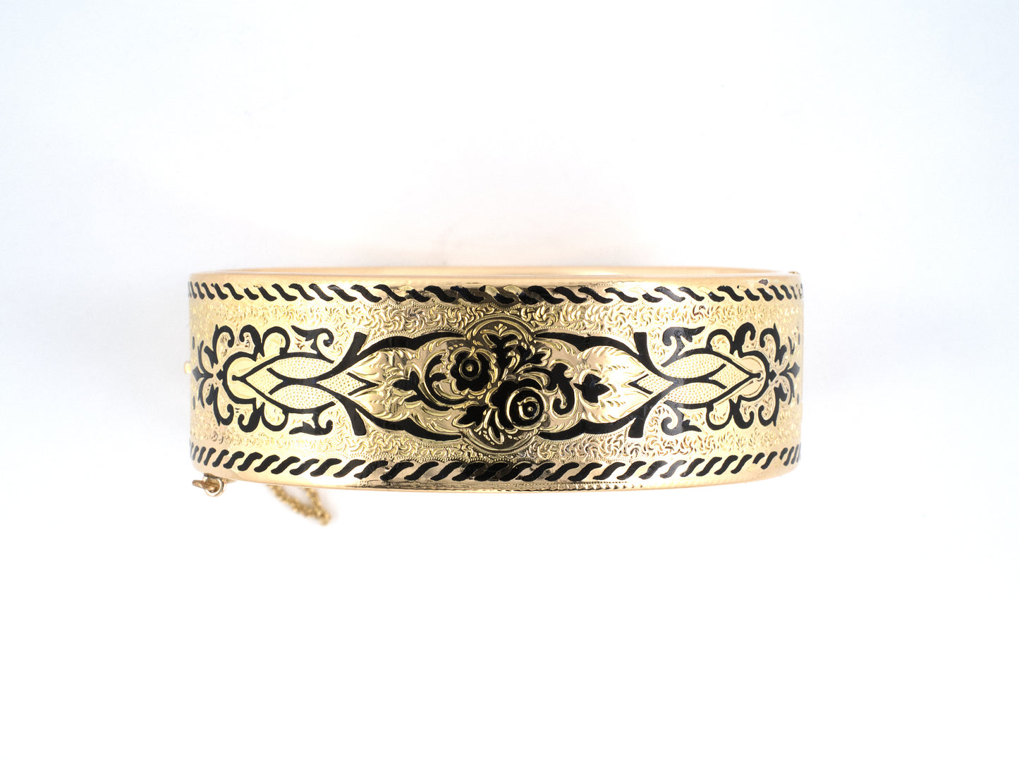 73983 - Victorian Gold Black Enamel Hollow Floral Bangle Bracelet